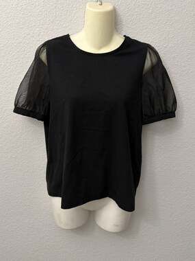 Madewell Sheer Puff Mesh Sleeve Crew Neck Knit Top